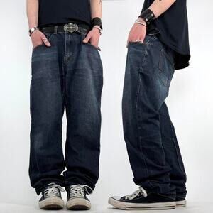 Vintage y2k embroidered baggy wide leg faded dark wash archive jeans